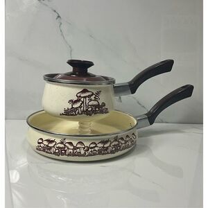 VINTAGE RARE Brown Speckled Mushroom Enamelware Pan Set